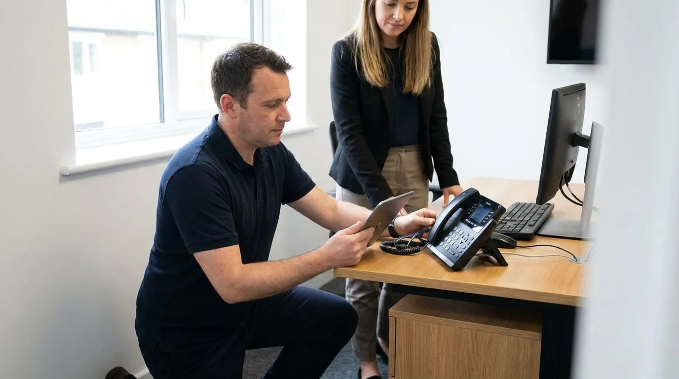 An engineer setting up a modern desk phone in a small office while the business owner looks on