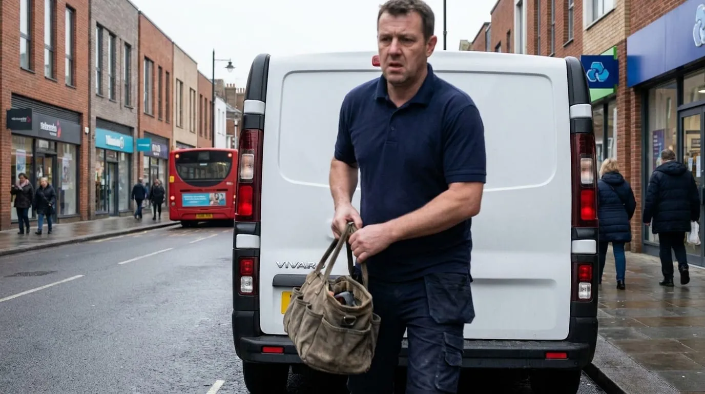 An engineer lifting a toolbag out of a work van on an ordinary high street