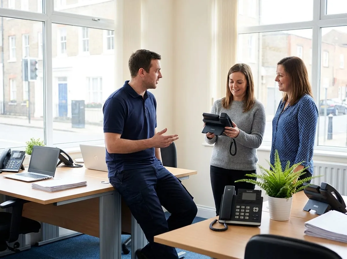 An engineer talking with two office staff who have just had new desk phones installed, one of them holding a new handset