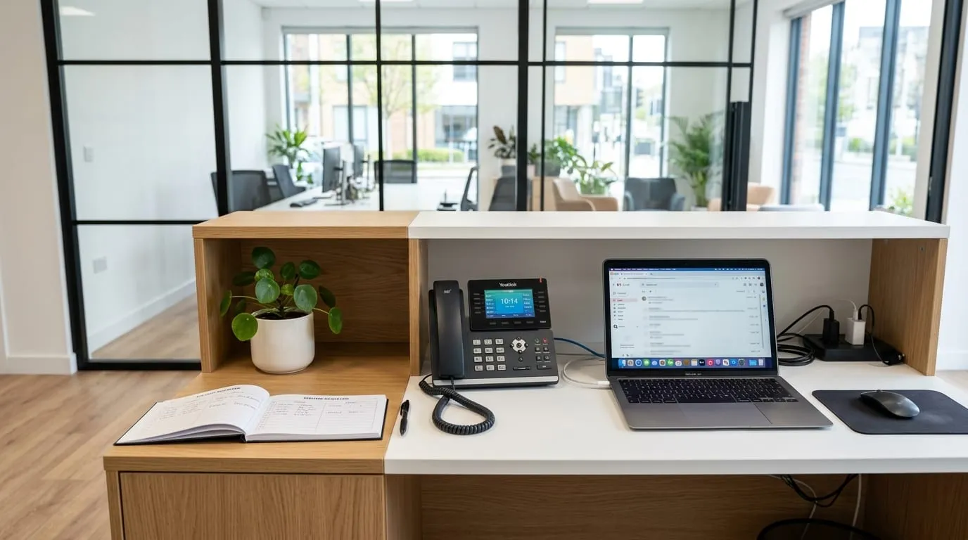 A multi-line desk phone on a reception desk in a small office