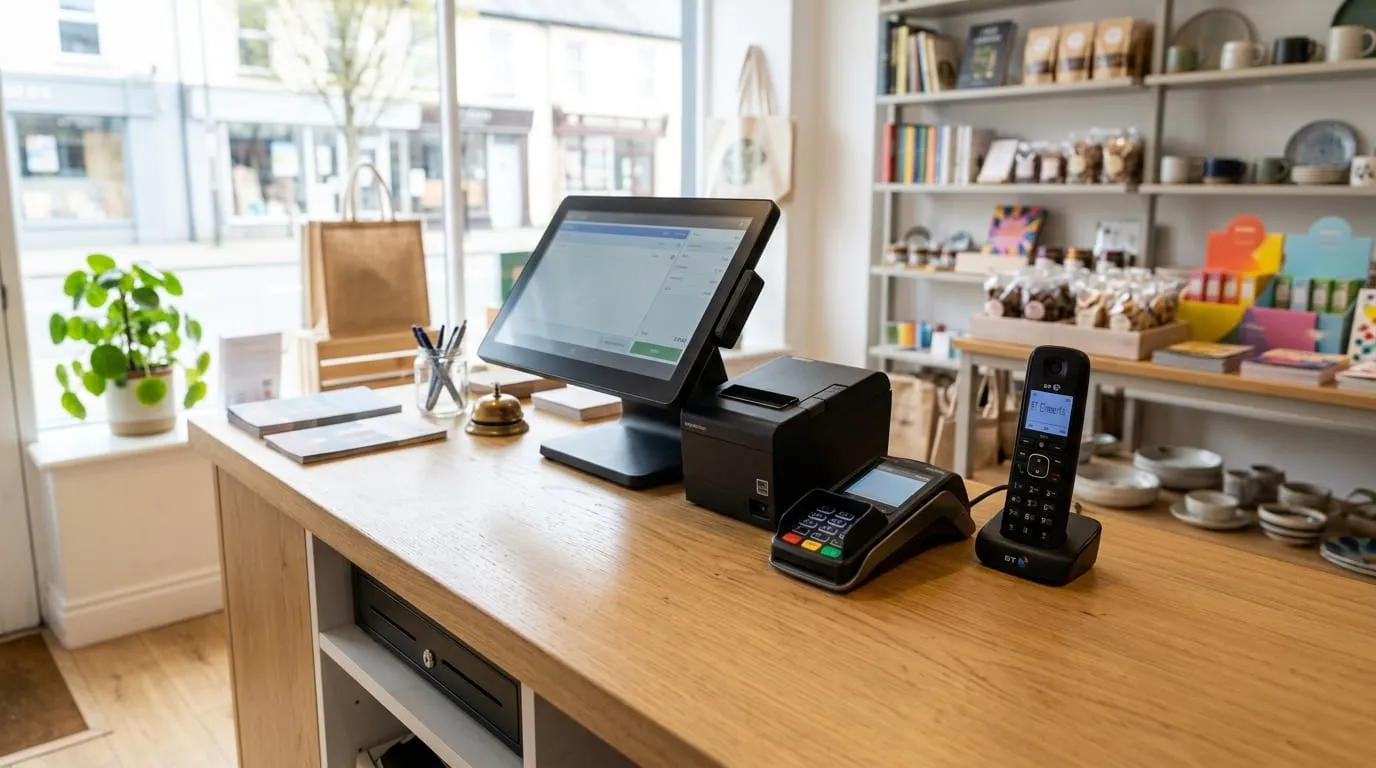 The interior of a small independent shop looking out to the street, with a telephone on the counter