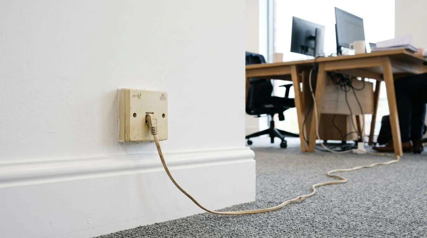An old analogue telephone socket on the skirting board of an ageing commercial building, with a beige phone cable running from it