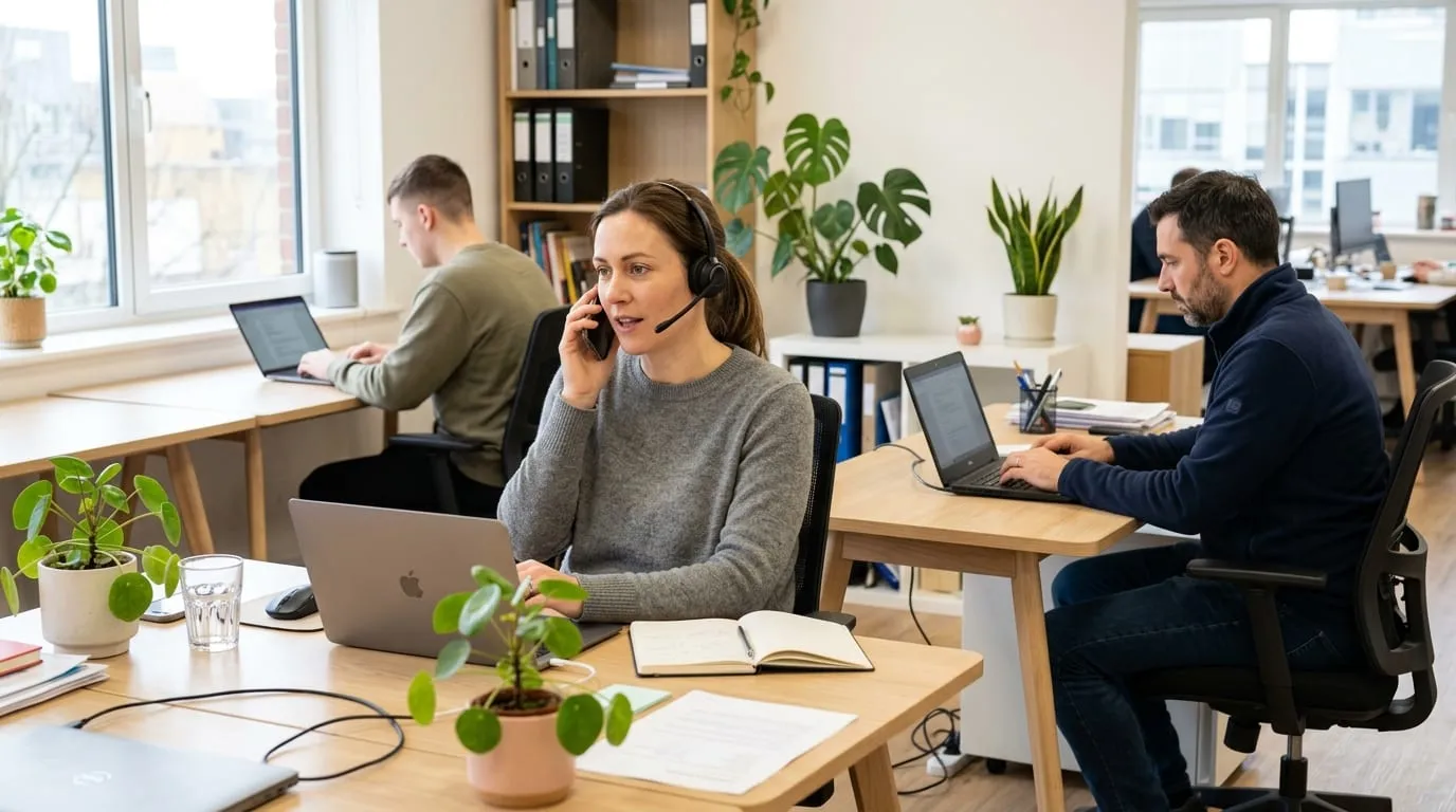 Three people working in a bright open-plan small office, one of them on a headset