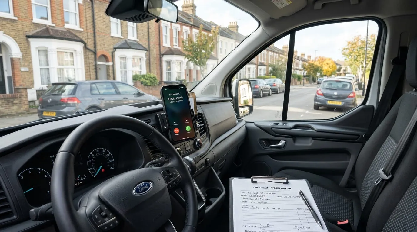 The inside of a work van parked up, a mobile phone resting on the dashboard beside a clipboard