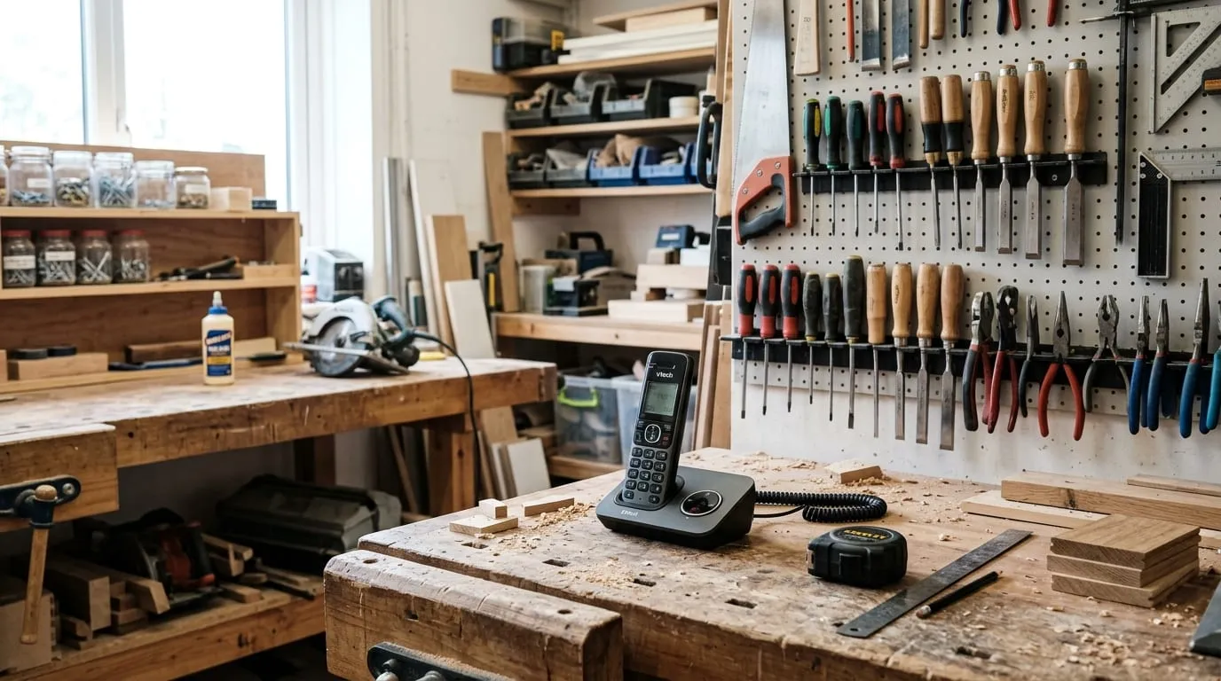 A cordless phone handset in its charging base on a workbench in a joinery workshop